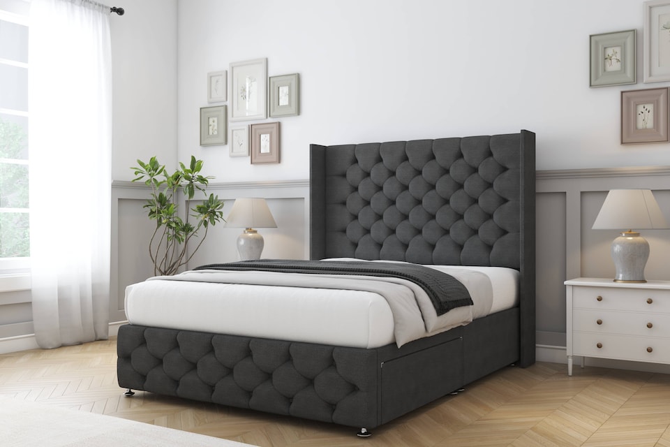 image 1 of Sloomy Luthor Graphite Dumfries Divan Bed With Mattress 2 Drawers Footend With 54" Wingback Headboard & 12" Matching Footboard 5' King | Grey | Graphite | King | 1