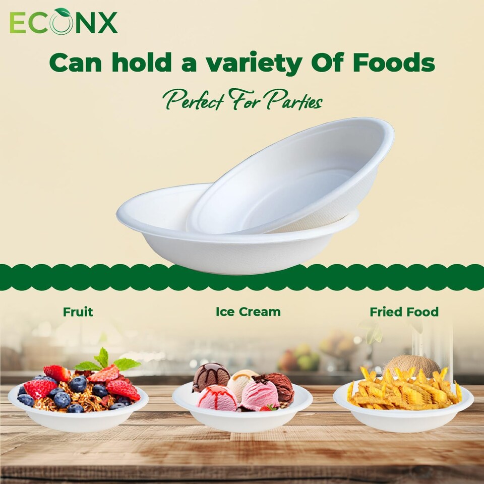 image 1 of ECONX 25Pcs Biodegradable Bagasse Bowls 24oz White Sugarcane Disposable Bowl