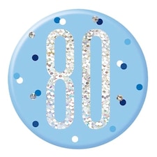 Blue Glitz Age 80 Holographic Birthday Badge 7cm
