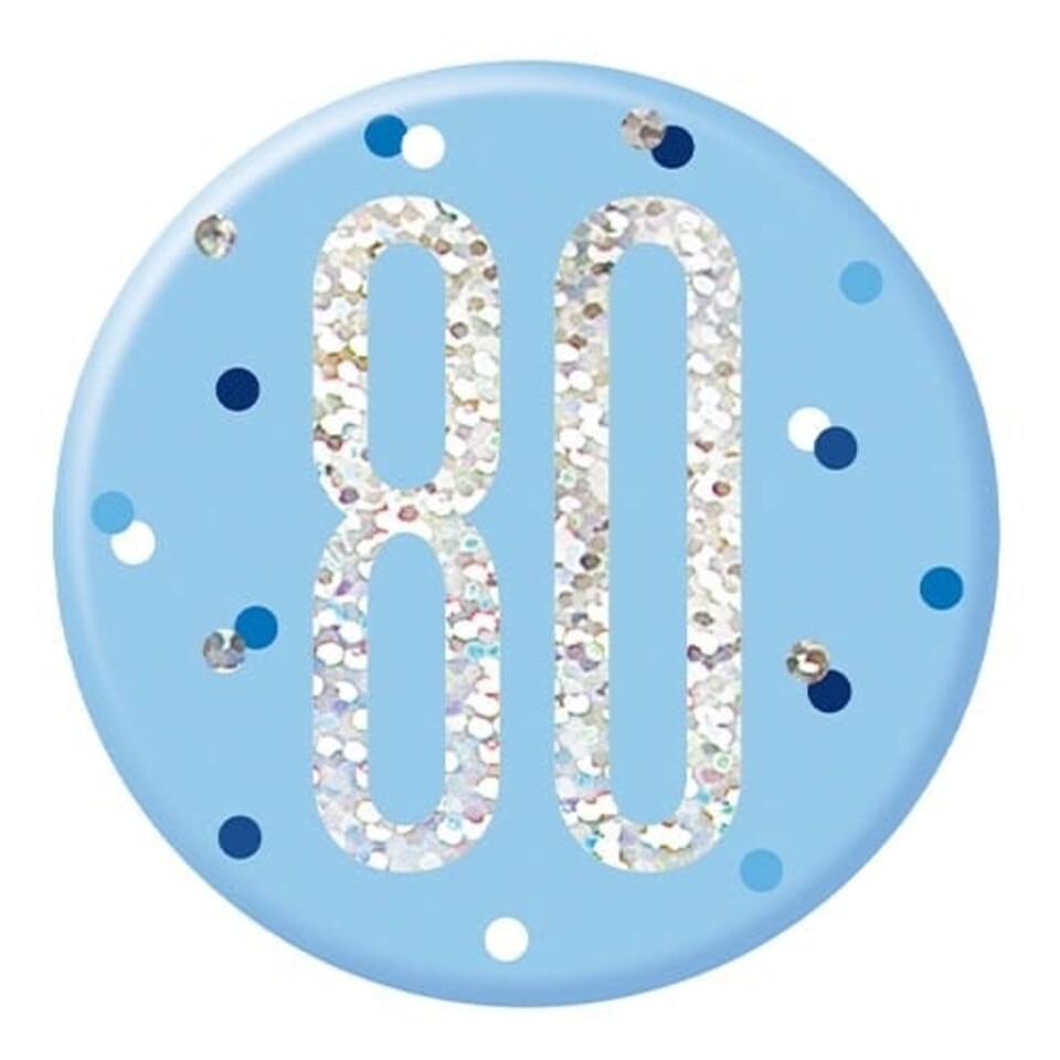 Blue Glitz Age 80 Holographic Birthday Badge 7cm