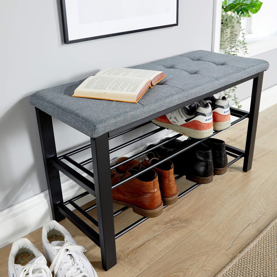 image 1 of Metal Shoe Bench with Storage Shelfs For Entryway Hallway Seating | Grey