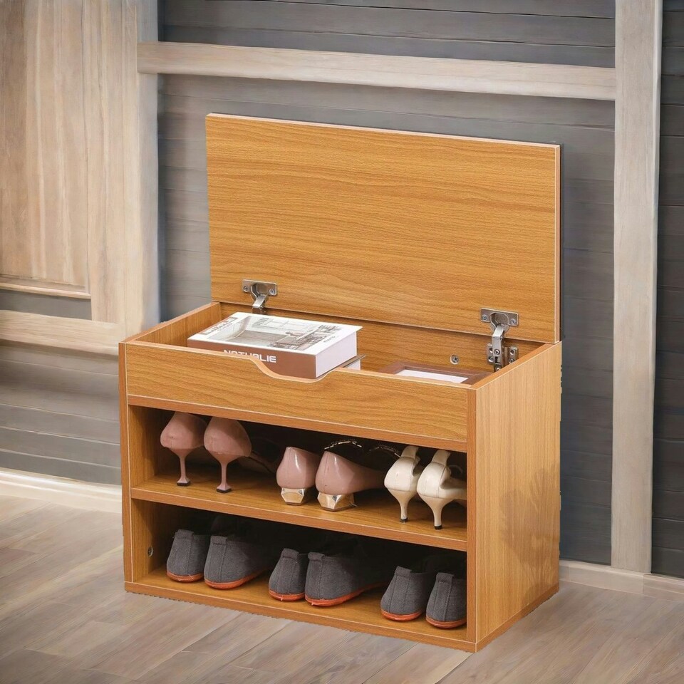 image 1 of Wooden Shoe Storage Bench With Cushioned Seat 60CM Brown