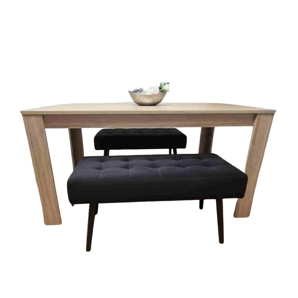 image 1 of Dining Table and 2 Benches Oak Effect Wood Table 2 Black Velvet Benches Dining Room