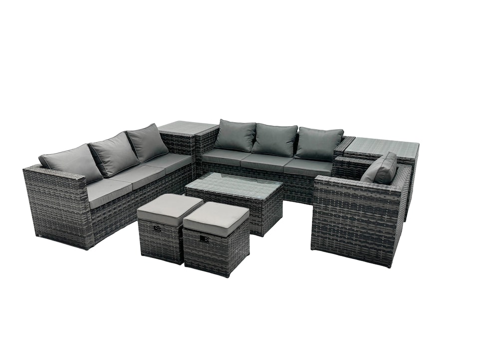 image 1 of Fimous Rattan Garden Furniture Dining Set 9-seater Patio Coffee Table Sofa Set with 2 Small Stools 2 Side Tables Dark Grey Mixed