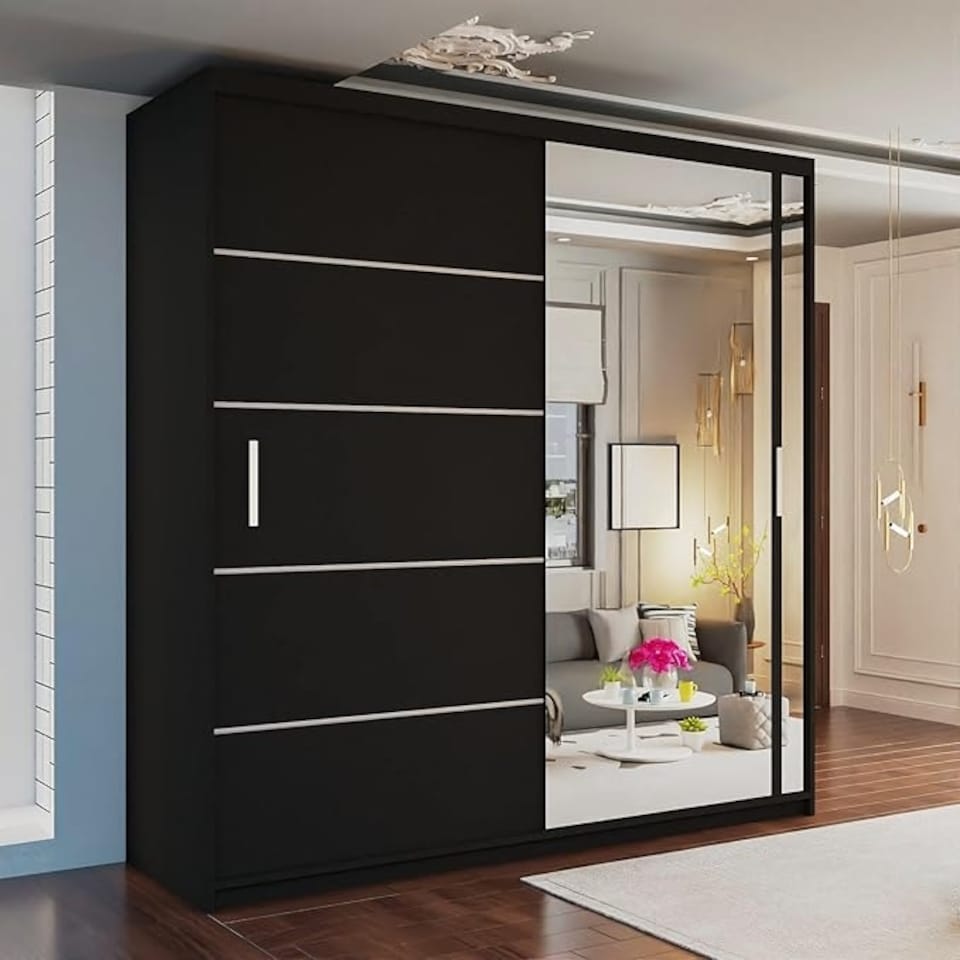image 1 of Stylish 150cm Sliding Wardrobe with Full Mirror Door & Lined Panel Design | White, Black, Grey Finish Black | Black150cm 