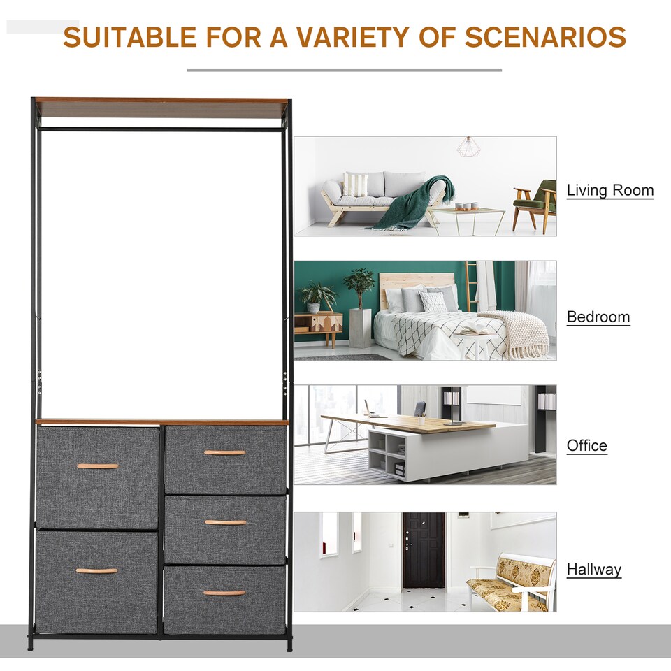 image 1 of HOMCOM Storage Coat Rack Hallway Bedroom Organiser Shelves w/ Hanger, 5 Drawer