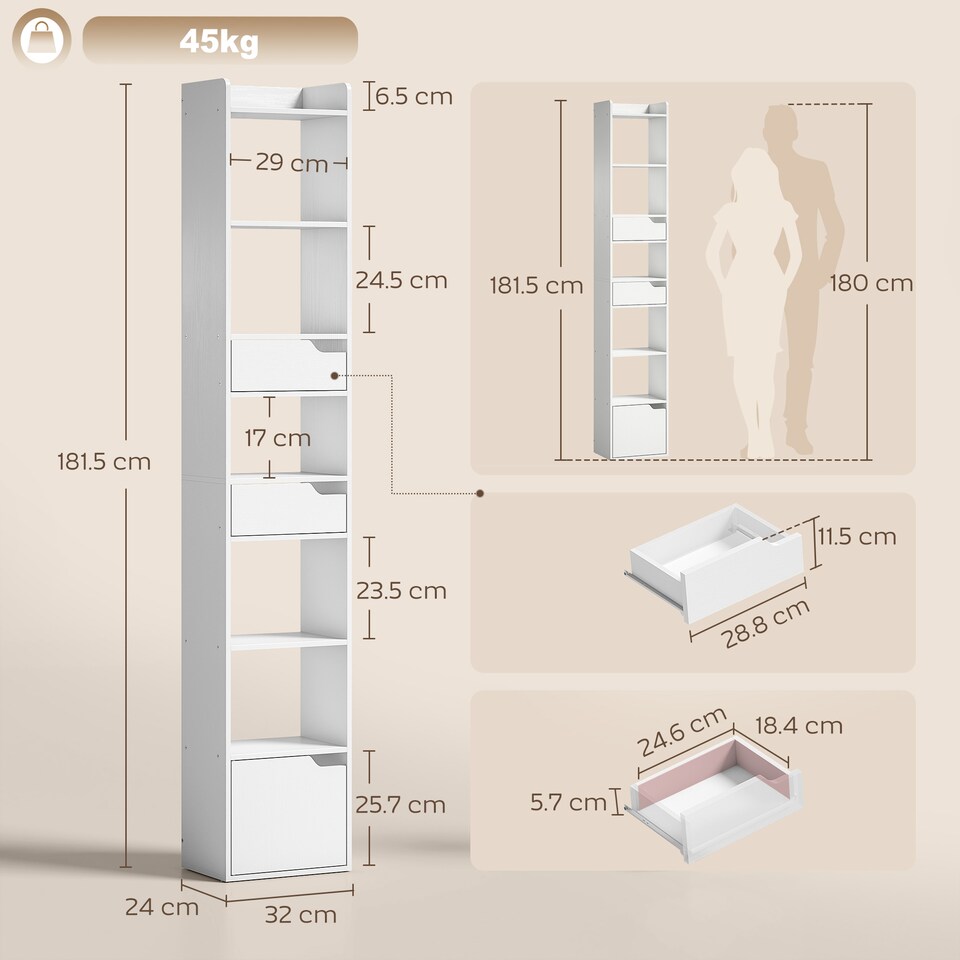 image 1 of HOMCOM Bookcase Tall Narrow with 5 Tiers Drawers