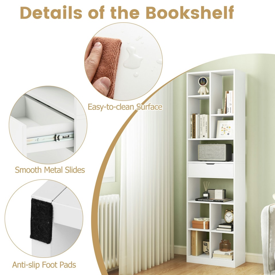 image 1 of COSTWAY 180CM Bookcase Modern Bookshelf with 10 Open Cubes White