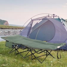 Outsunny Camping Bed for Adults, Single Folding Camp Bed, Padded Portable Camping Cot for Sleeping, with Carry Bag, Side Pocket and Cup Holder for Outdoor, Travel, Fishing, Grey