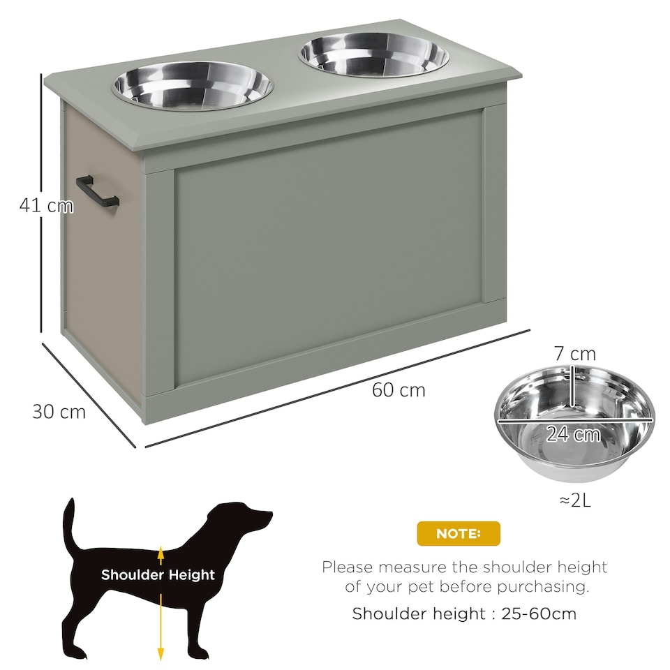 image 1 of PawHut Raised Pet Bowls w/ Storage, Two Stainless Bowls, Elevated Base - Grey