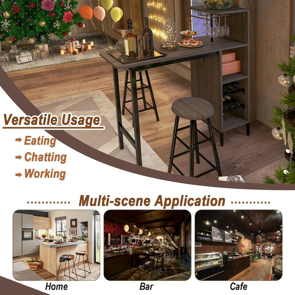 image 1 of COSTWAY 3PCS Bar Table & 2 Stool Dining Set Brown Brown