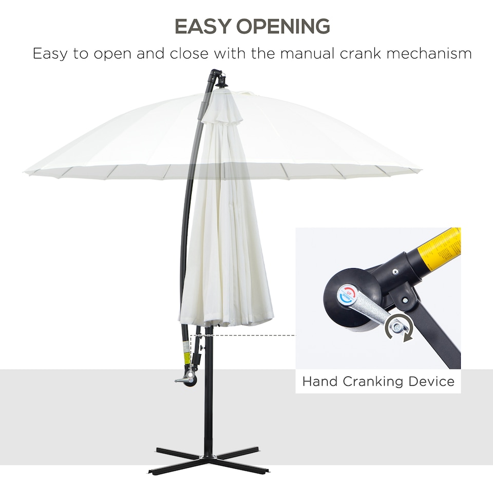 image 1 of Outsunny 3m Cantilever Shanghai Parasol Garden Hanging Banana Sun Umbrella with Crank Handle, 18 Sturdy Ribs and Cross Base, White