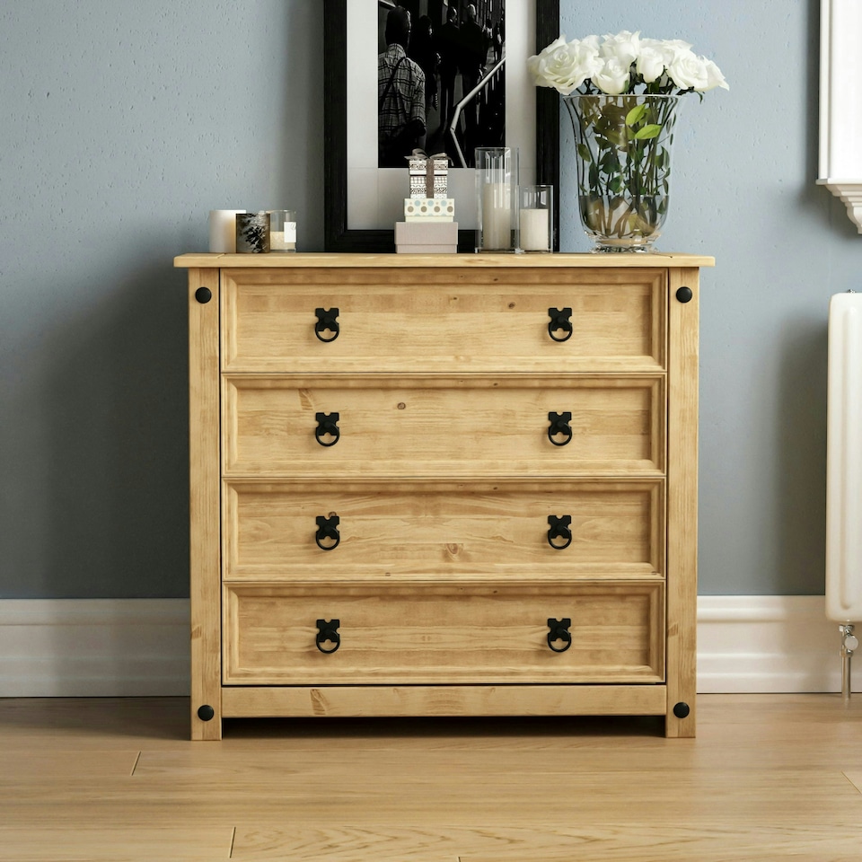 image 1 of Vida Designs Corona 4 Drawer Rustic Chest of Drawers Bedroom Storage, Solid Pine Wood