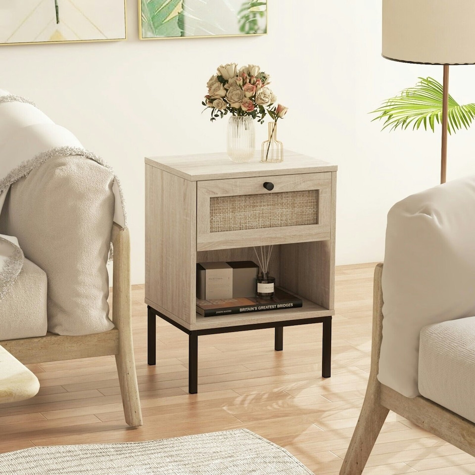 image 1 of COSTWAY 2-Tier Nightstand Bedside Table Wood Top Side Table Brown