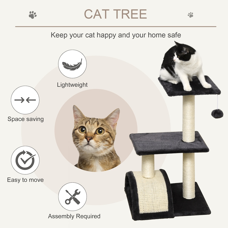 image 1 of PawHut Cat Tree Tower with Sisal Scratch Post, Arc Perch, 72cm, Smoky Grey