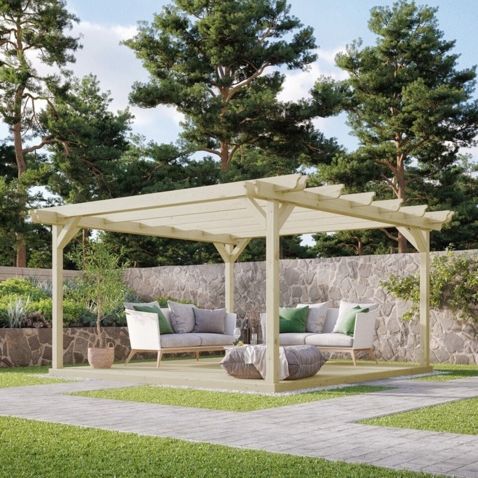image 1 of Double Garden Pergola and Decking Kit - Wood - L420 x W420 cm - Light Green