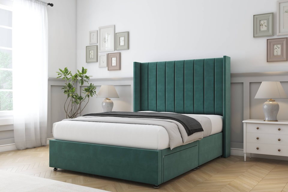 image 1 of Sloomy Falcon Emerald Plush Divan Bed With Mattress 2 Drawers Footend With 54" Wingback Headboard 6' Super King | Green | Emerald | Super King | 1