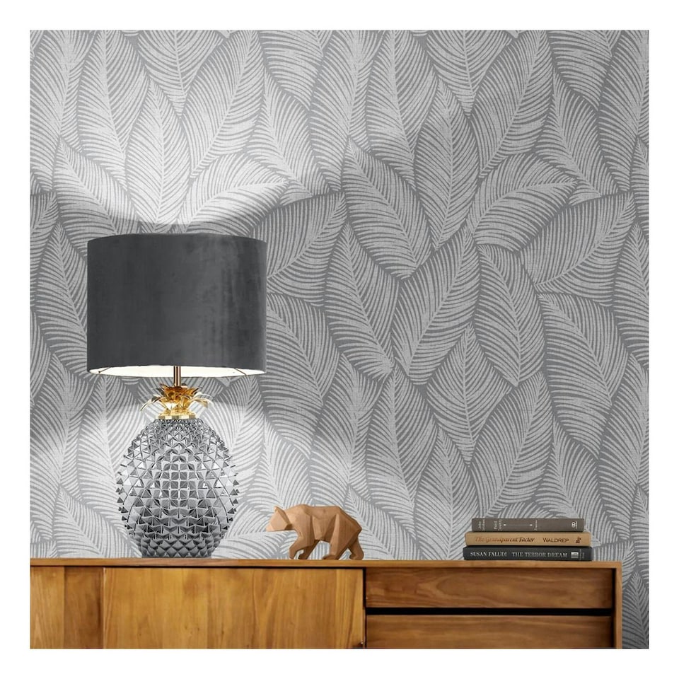 image 1 of Muriva Denver Leaf Vinyl Wallpaper - Grey - 10m x 53cm Grey