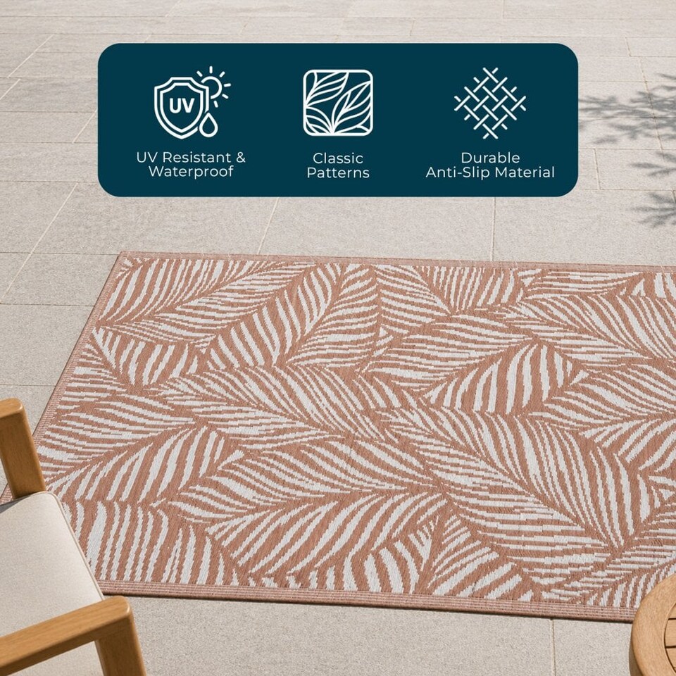 image 1 of Outdoor Plastic Rug Wool-Look Anti-Slip Durable Garden Patio Conservatory Carpet Mat - Rust Leaf | Red | Rust