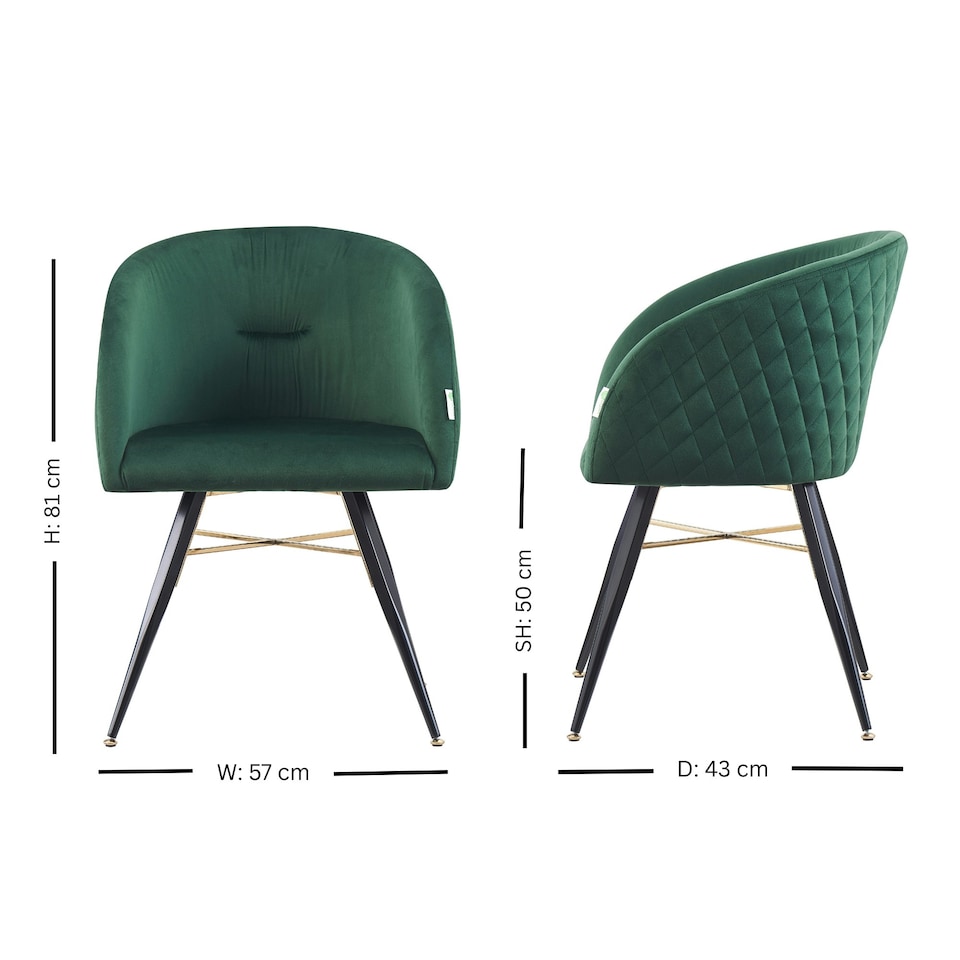 image 1 of Single Vittorio Velvet Dining Chair with Black Metal Legs, Quilted Design Modern Accent Chair | Green