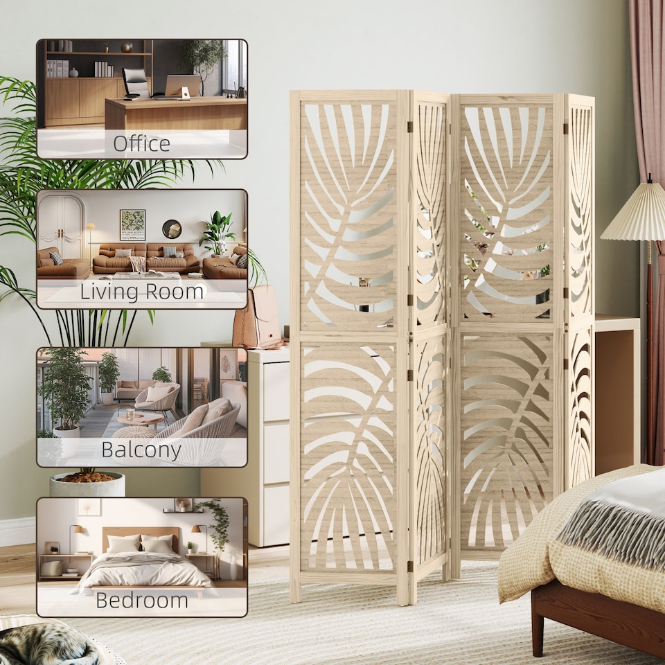 image 1 of HOMCOM 4 Panel Privacy Screens with Palm Leaf Design, Natural Wood Finish