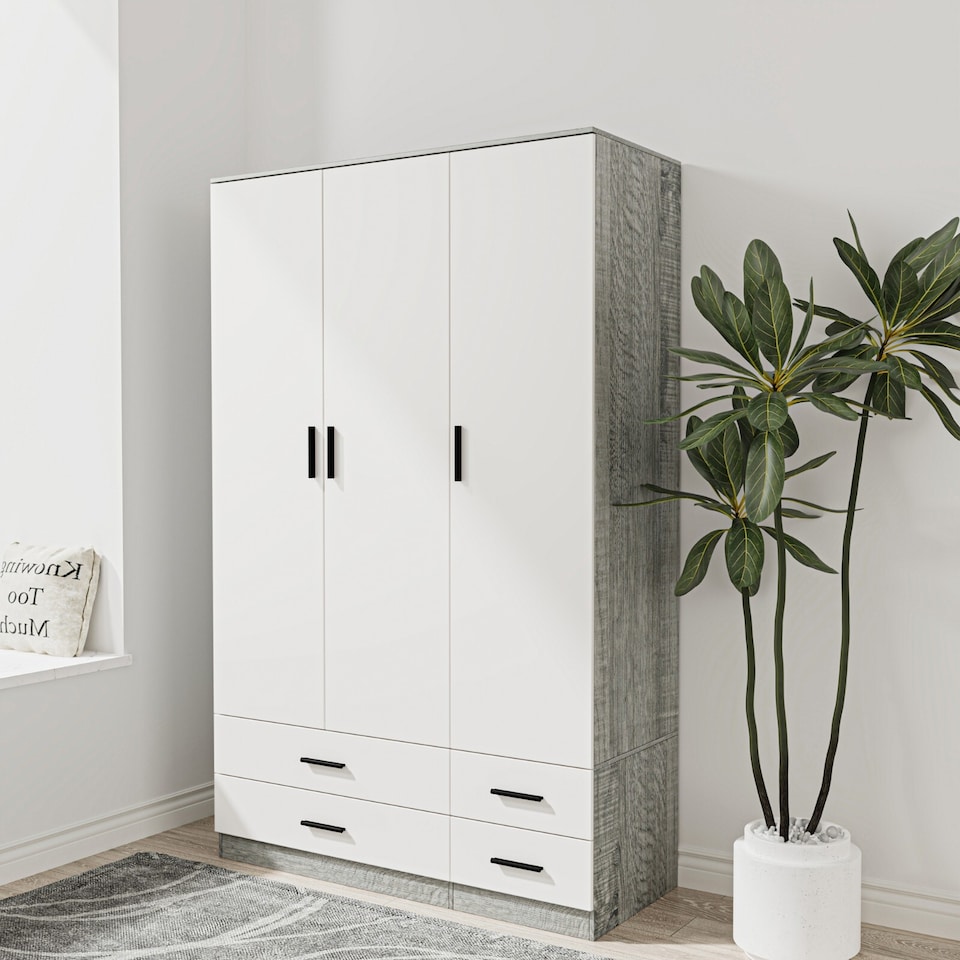 image 1 of 3 Door 4 Drawer Wardrobe With Hanging Rail And Storage Shelf | Grey | Ash Grey Carcass & White Door | 1