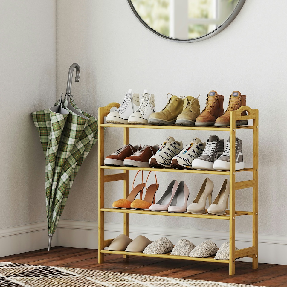 image 1 of HOMCOM 4-Tier Shoe Rack, Bamboo Shoe Shelf Stand, Natural Wood Finish Brown