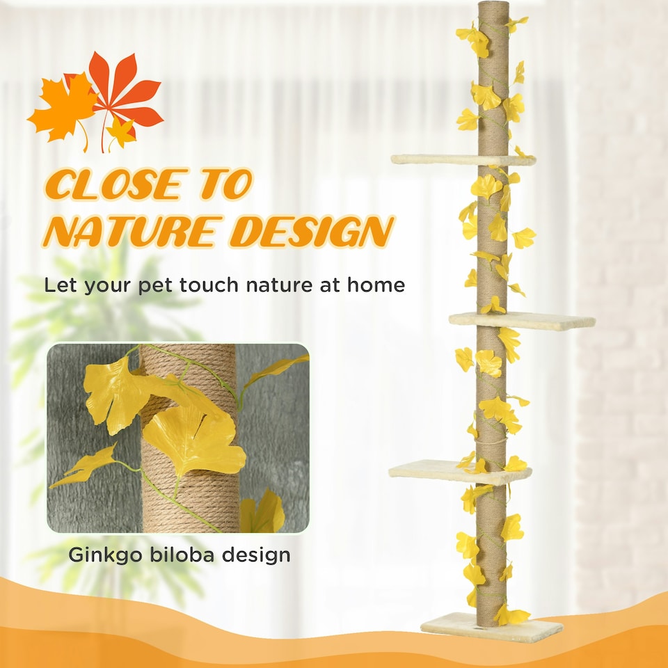 image 1 of PawHut 242cm Floor to Ceiling Cat Tree with Leaves, Scratching Post, Yellow