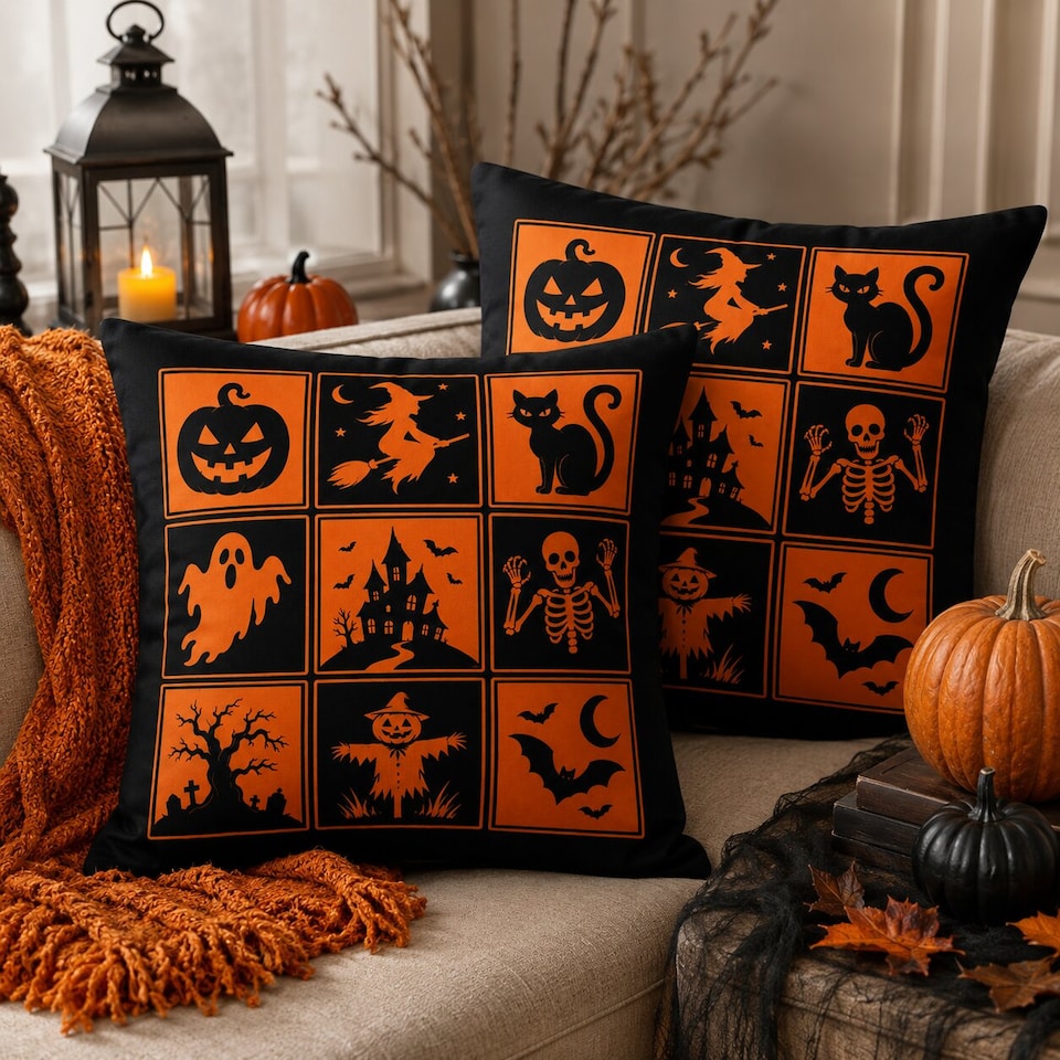 image 1 of Covers&All Halloween Decorative Square Throw Pillow Set of 2 with Inserts & Covers Accent Pillows for Sofa, Couch & Home Décor, Square 16 in x 16 in