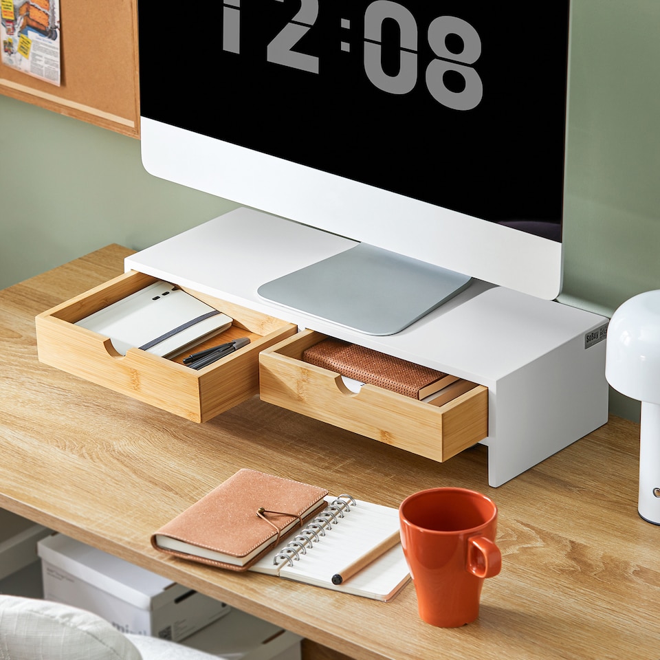 image 1 of SoBuy Wooden Monitor Stand with 2 Drawers, White/Natural, 18.5x7.0x4.3 inches, 2.8 kg - BBF02-WN
