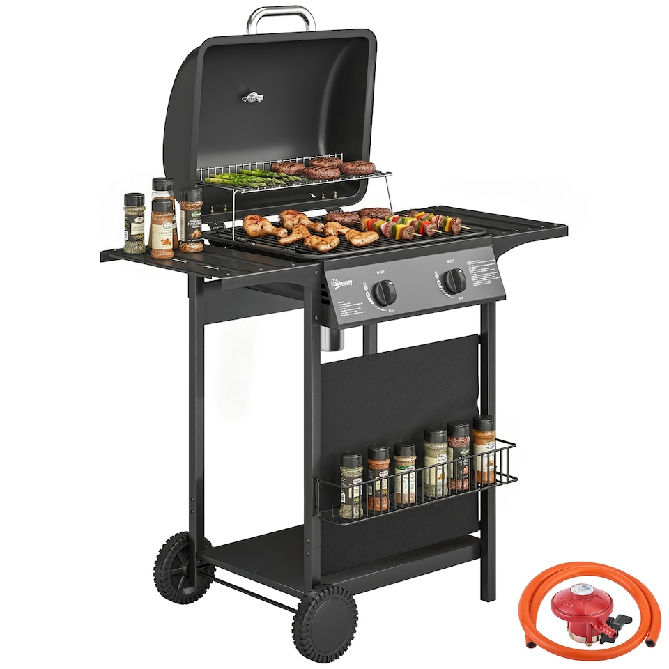 image 1 of Outsunny Gas Burner Barbecue Grill, Garden BBQ Grill with Warming Rack | Black | Black | 99 x 56 x 95 cm