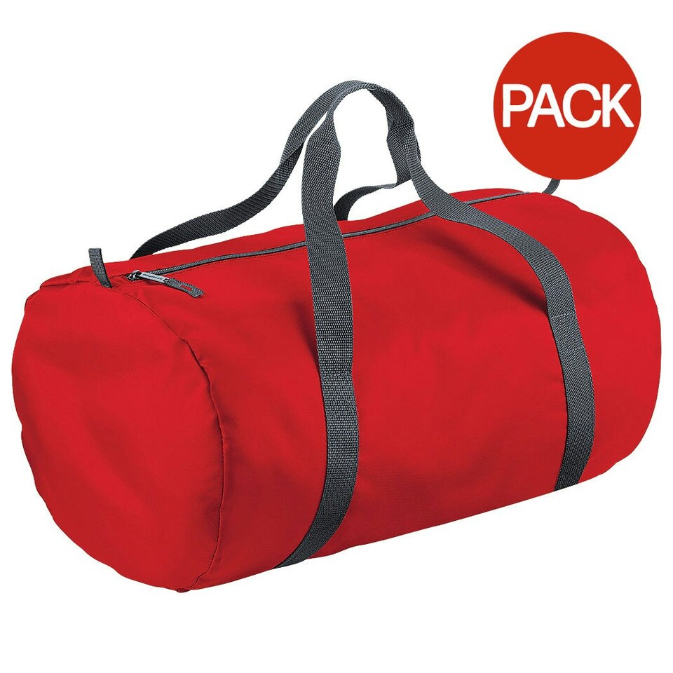 image 1 of BagBase Packaway Barrel Bag / Duffle Water Resistant Travel Bag (32 Litres) (Pack of 2) - Classic red - One Size | Red | One Size