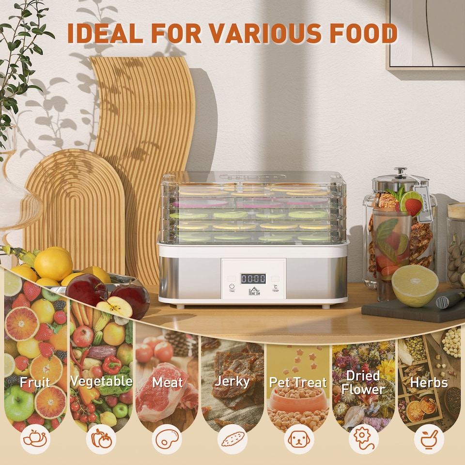 image 1 of HOMCOM 5 Tier Food Dehydrator, 245W Stainless Steel Food Dryer Machine with Adjustable Temperature, Timer and LCD Display for Drying Fruit, Meat, Vegetable, Jerky and Pet Treat, White