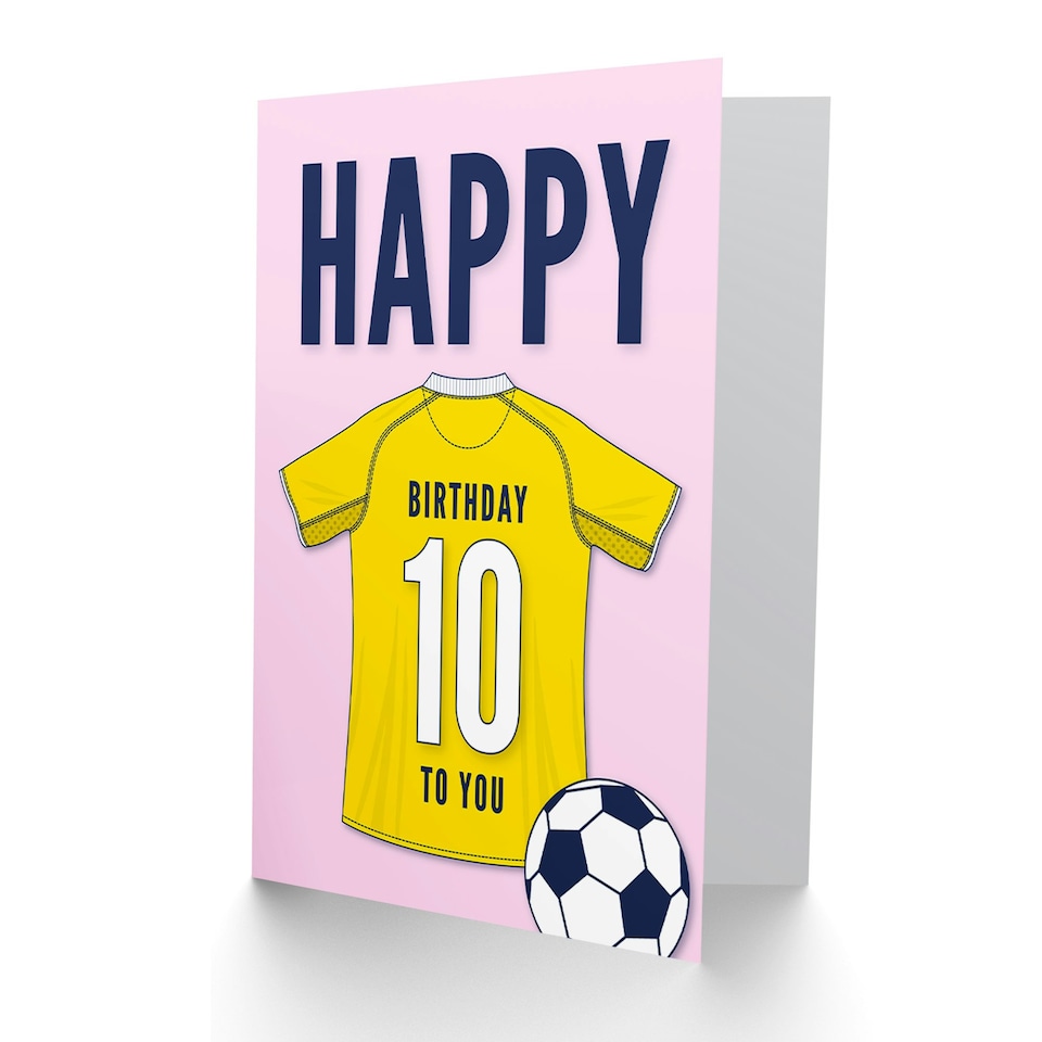 image 1 of Football Strip Kit Yellow Jersey Top 10 Year old Kids 10th Pink Birthday Card
