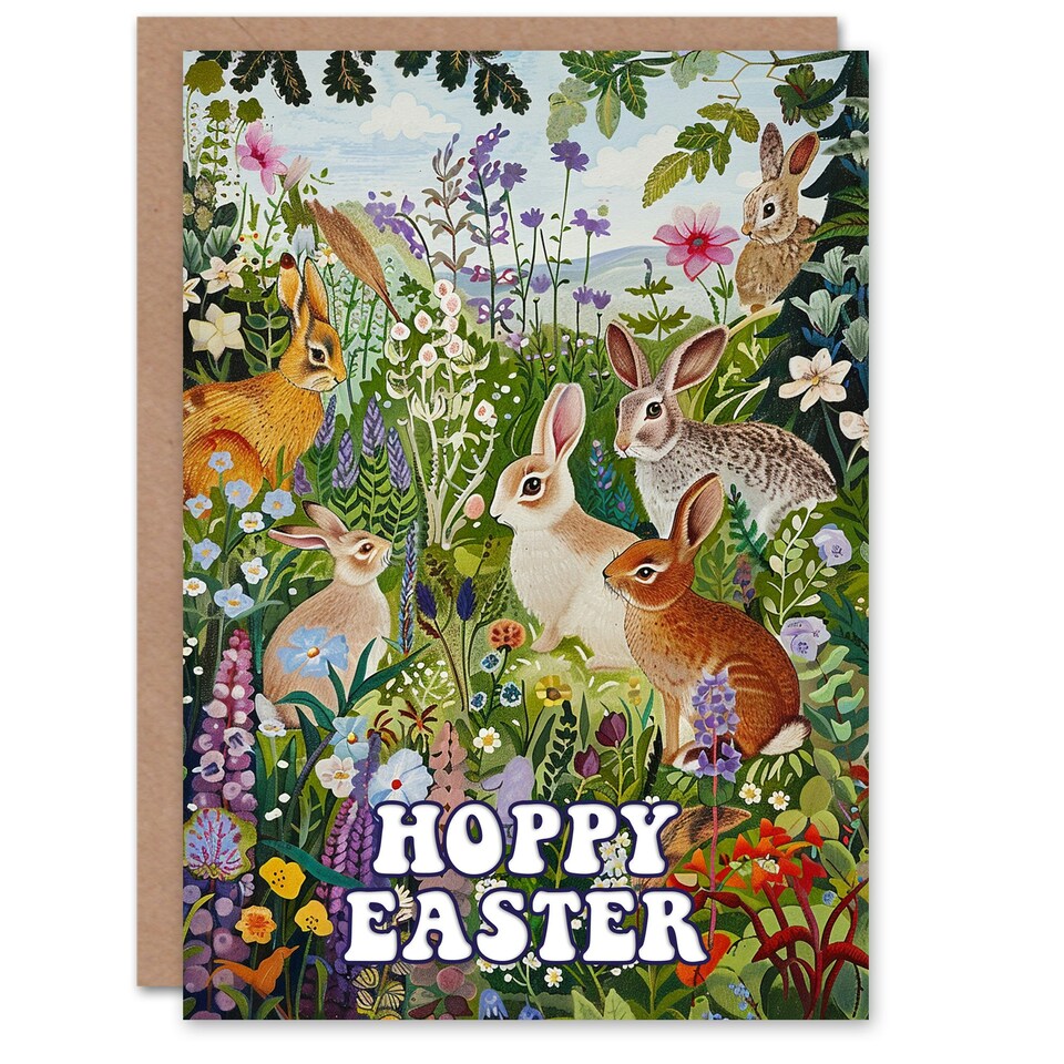 image 1 of Hoppy Cute Bunny Rabbits Flower Meadow Woman Easter Her Card