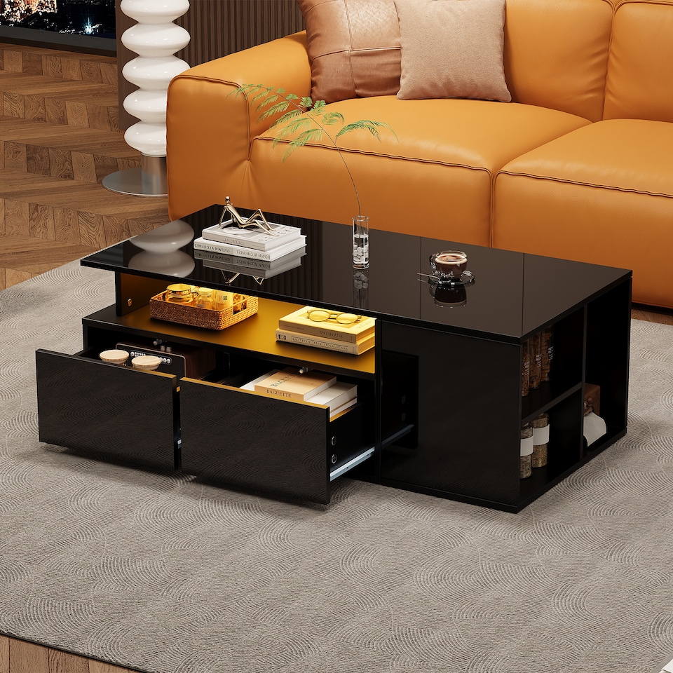 Black High Gloss Coffee Table with Open Storage, 2 Drawers & LED