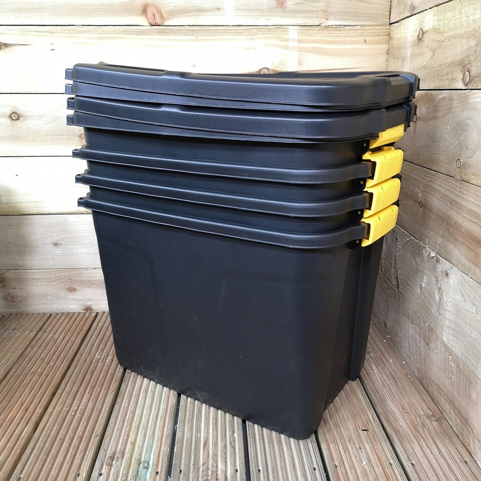 image 1 of 4 x 60L Heavy Duty Storage Tubs Sturdy, Lockable, Stackable and Nestable Design Storage Chests with Clips in Black