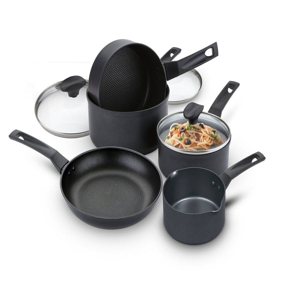 image 1 of Prestige 9 X Tougher Non-Stick Frying Pan, Saucepan & Milk Pan Set - 5 Pieces