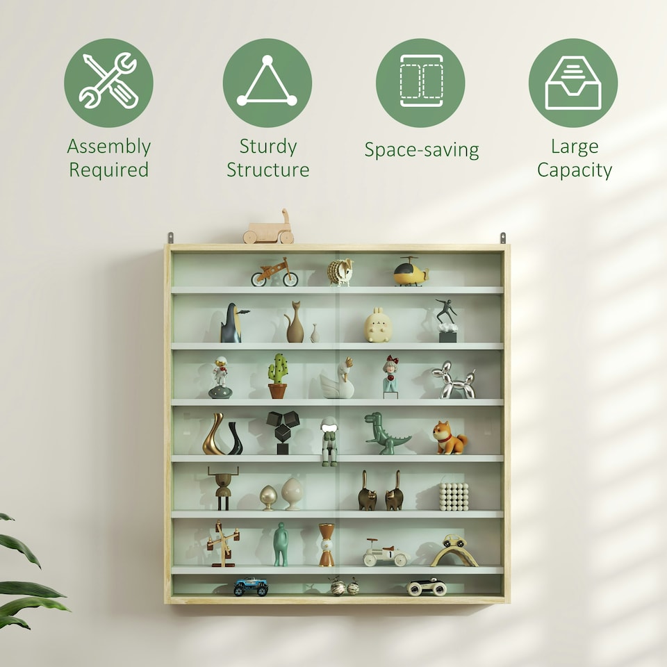 image 1 of HOMCOM Wall Display Cabinet w/ Shelves Glass Doors Yellow