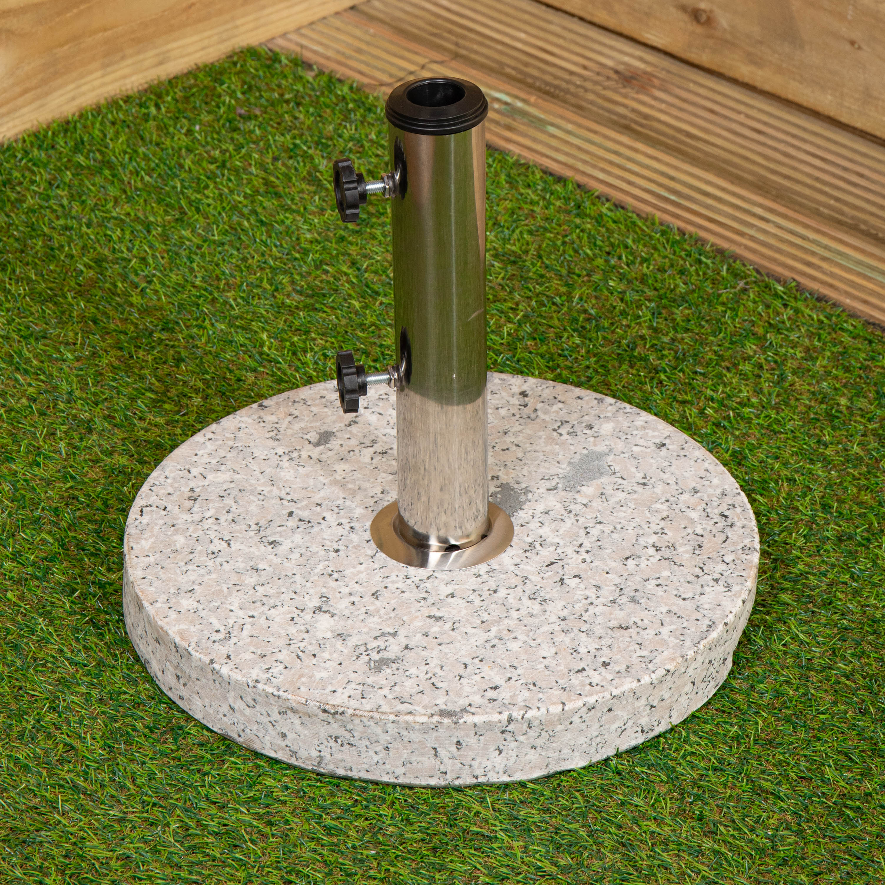 15kg Round Granite Garden Parasol / Umbrella Base Weight Stainless Steel Pole | Grey | Grey