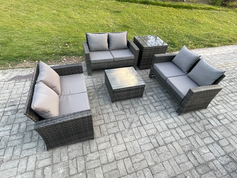 image 1 of Fimous 6 Seater Rattan Wicker Garden Furniture Patio Conservatory Sofa Set with Square Coffee Table Double Seat Sofa Side Table