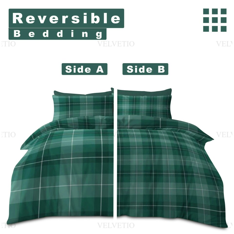 image 1 of VELVETIO Finn Check Complete Duvet Cover Set with Fitted Sheet Soft Polycotton Bedding Sets Green | Double