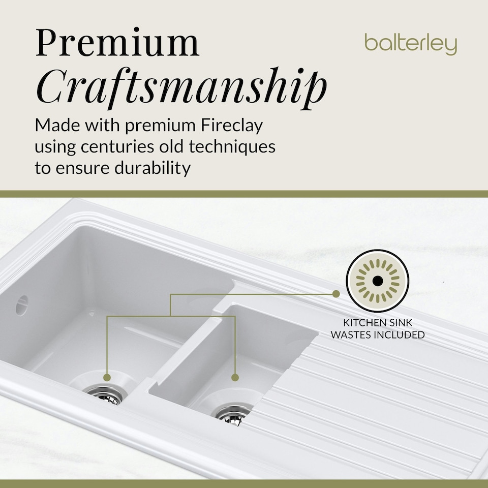 image 1 of 101cm 1.5 Bowl Fireclay Inset Kitchen Sink, Drainer and Compatible Wastes, White