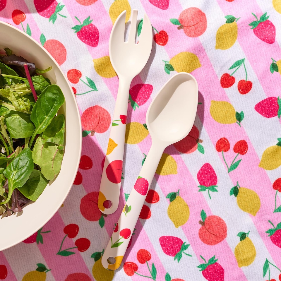 image 1 of OHS Summer Print Plastic Picnic Salad Bowl Utensil Set Lightweight | Pink | Bright Fruits