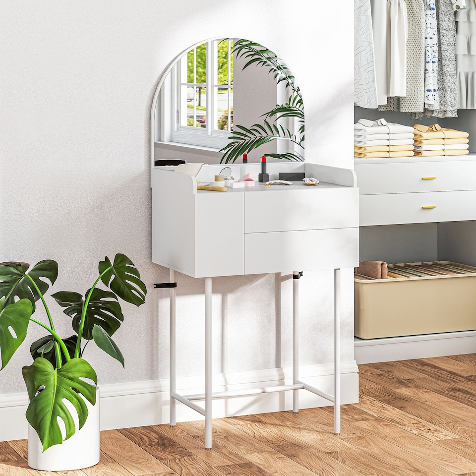 image 1 of HOMCOM Modern Dressing Table with Arched Mirror, Makeup Table with 3 Drawers, Compact Vanity Desk for Bedroom, Small Spaces, 60 x 42.5 x 131 cm, White
