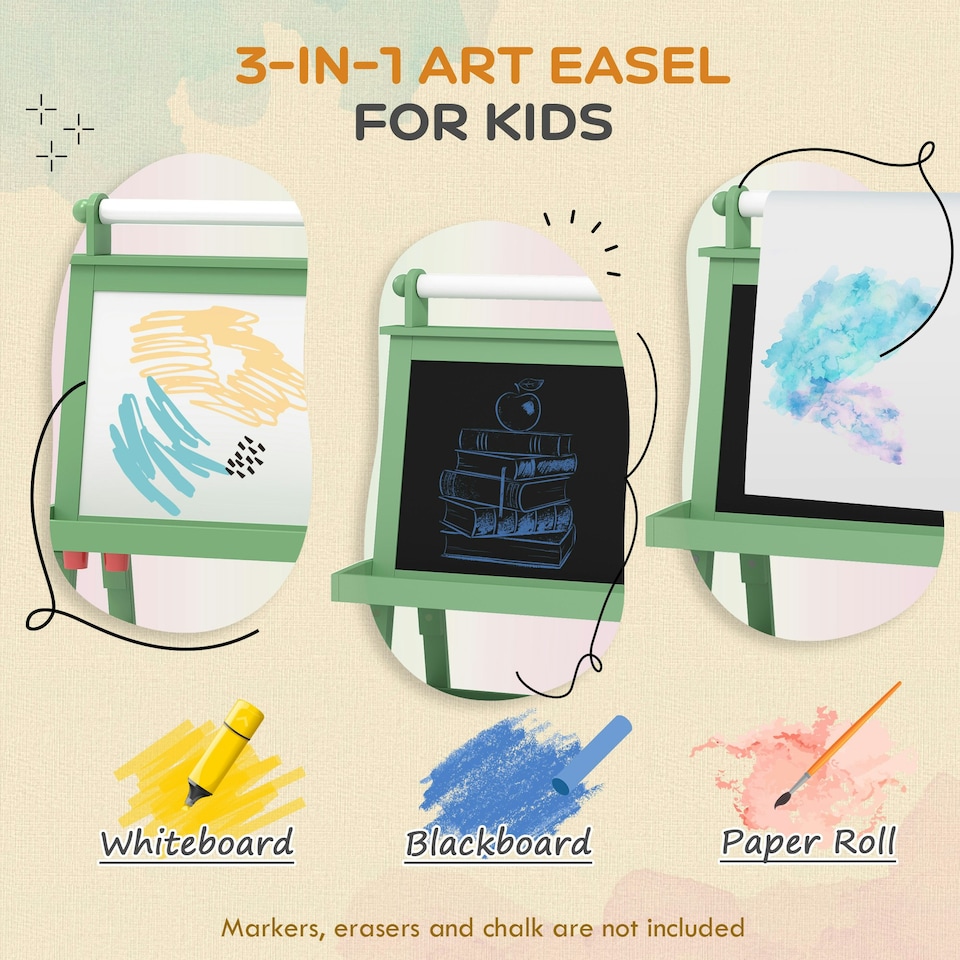 image 1 of AIYAPLAY Art Easel for Kids with Paper Roll, 3 in 1 Kids Easel Double-Sided Magnetic Whiteboard and Chalkboard with Storage Baskets, for Children 3-6 Years Green