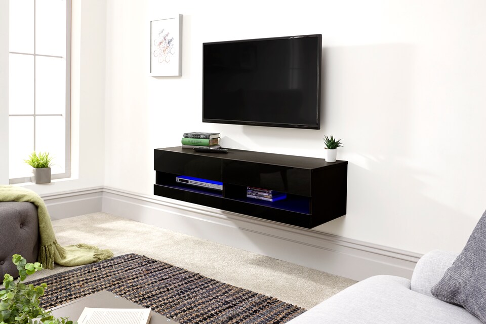 image 1 of Galicia Wall TV Unit with LED | Black | Black