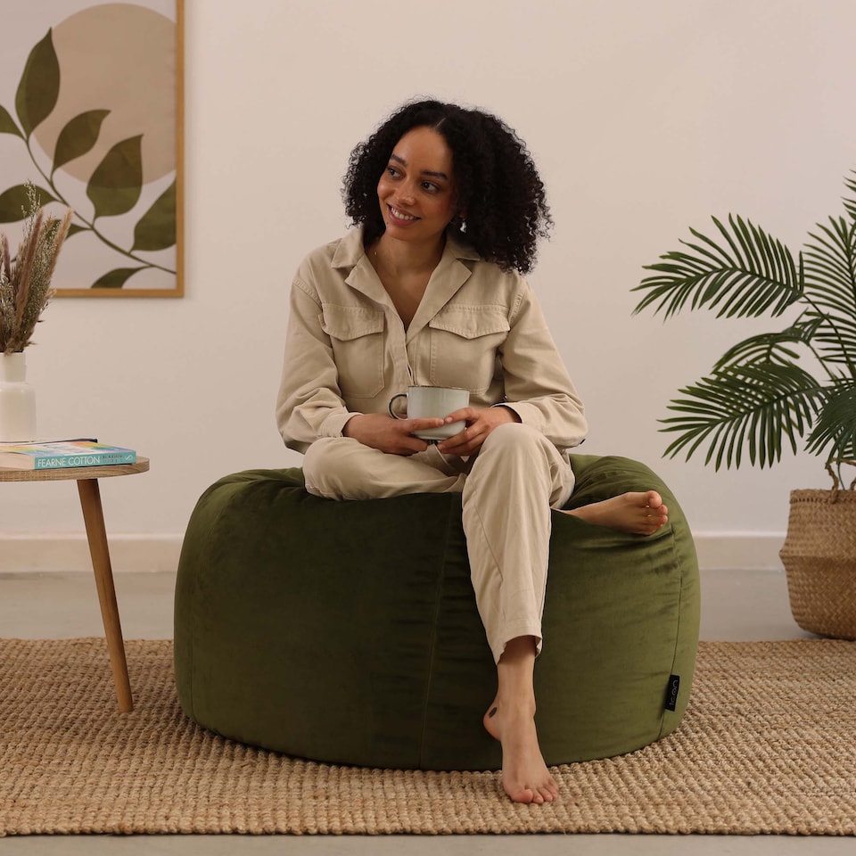 image 1 of Kingston Classic Velvet Bean Bag Chair Olive Green Bean Bags | Green | Olive Green | 1