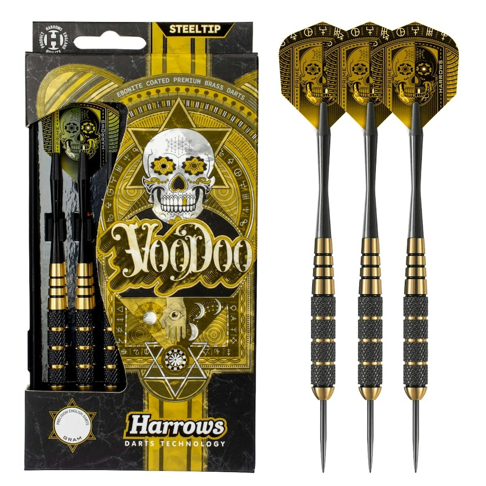 image 1 of Harrows Voodoo Brass Steel Tip Darts Set 19g, 21g, 23g, 25g & 27g - Includes Speedline shafts, Marathon Gold Flights & Travel Case, (21g)