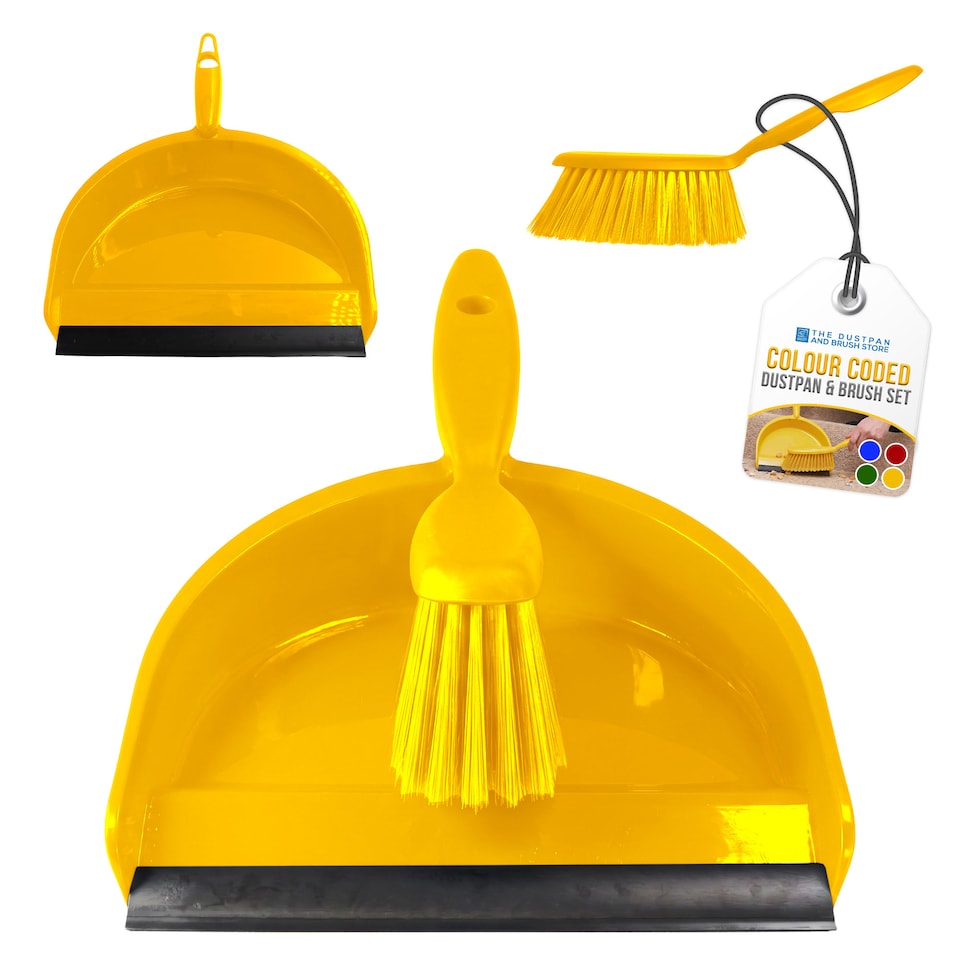 image 1 of Colour Coded Dustpan and Brush Sets Wide Plastic Dustpan with Rubber Lip and Soft Bristle Brush